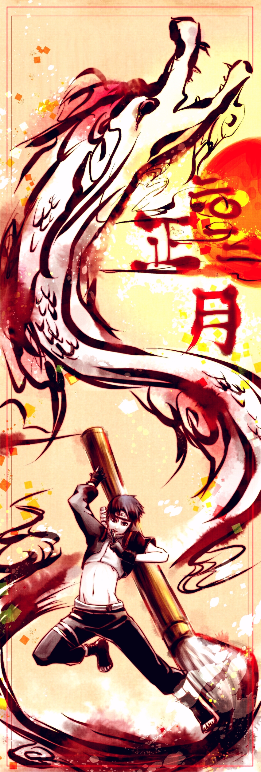 10s 1boy 2012 absurdres black_eyes black_hair dragon forehead_protector gloves highres long_image male_focus midriff naruto_(series) naruto_shippuuden navel paintbrush sai shio_(13151315) solo tall_image