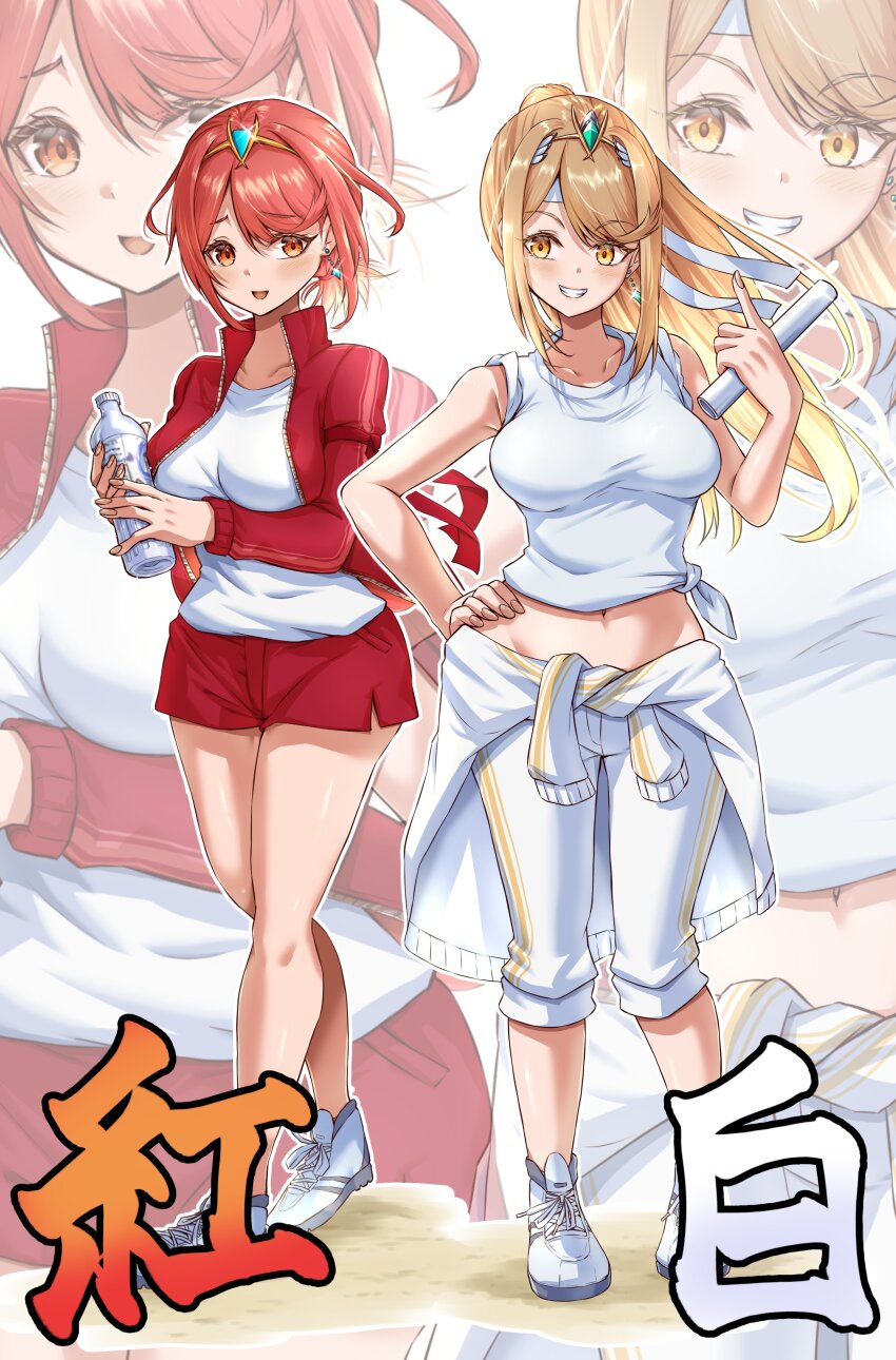 2girls absurdres alternate_costume blonde_hair breasts highres kenichiart large_breasts multiple_girls mythra_(xenoblade) pyra_(xenoblade) red_eyes red_hair sportswear xenoblade_chronicles_(series) xenoblade_chronicles_2 yellow_eyes