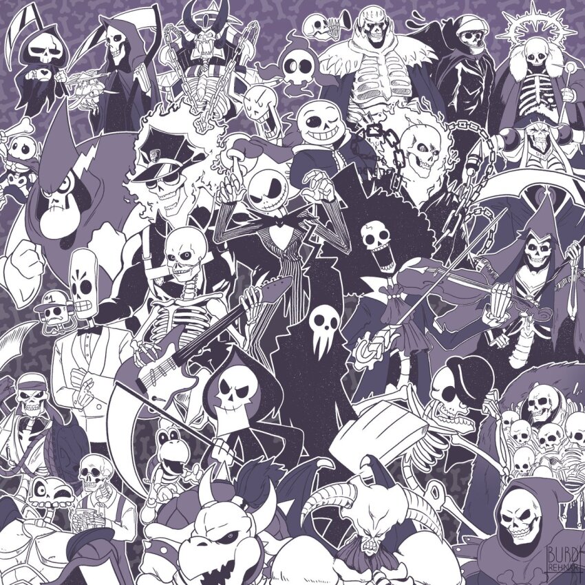 6+boys afro ainz_ooal_gown artist_request bone bonejangles bowser brook_(one_piece) burdrehnar cartoon_network castlevania_(series) chain character_request closed_eyes copyright_request corpse_bride crossover dark_souls_(series) dark_souls_i death_(castlevania) death_(discworld) death_(entity) discworld disney doot_(meme) dry_bones dry_bowser duel_monster duskull electric_guitar eyepatch fire gaikotsu_shotenin_honda-san gen_3_pokemon ghost_rider ghost_rider_(series) good_omens gravelord_nito grey_theme grim_(grim_adventures) grim_fandango grimm_fandango grin guitar halo hat have_a_nice_death he-man helmet highres honda-san inferno_cop inferno_cop_(character) instrument jack_skellington kel&#039;thuzad killer_instinct lich loop_hero lord_hater manny_calavera manny_calvera manuel_calavera mario_(series) marvel masters_of_the_universe medievil meme monochrome mr._bones mr._bones_(video_game) multiple_boys multiple_others nintendo one_piece open_mouth outline overlord_(maruyama) papyrus_(undertale) pokemon pokemon_(creature) purple_theme sans_(undertale) scythe shinigami-sama signature sir_daniel_fortesque skeleton skeletor skul:_the_hero_slayer skull skull_knight_(berserk) smile smitty_werbenjagermanjensen sony soul_eater spinal_(killer_instinct) spongebob_squarepants_(series) summoned_skull the_grim_adventures_of_billy_&amp;_mandy the_nightmare_before_christmas top_hat trait_connection trigger_(company) trumpet undertale violin wander_over_yonder warcraft white_outline world_of_warcraft yu-gi-oh!