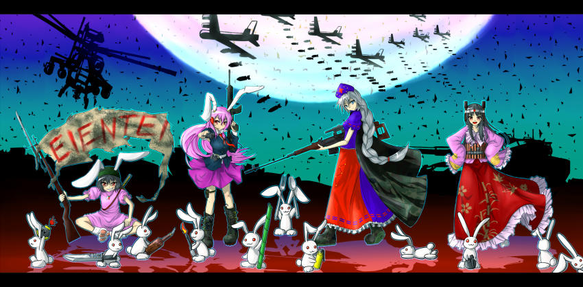 4girls ah-64 ah-64_apache aircraft airplane animal_ears artist_request assault_rifle attack_helicopter b-52_stratofortress bayonet blue_eyes bob-omb bomb bomber crossover dragunov_svd explosive flashbang fork grenade gun gunship heavy_bomber helicopter helicopter_gunship highres houraisan_kaguya inaba_tewi knife letterboxed lighter long_hair long_image mario_(series) military military_vehicle molotov_cocktail multiple_girls muzzle_device nintendo penetrator_(aircraft) rabbit rabbit_ears red_eyes reisen_udongein_inaba rifle scope sniper_rifle spoon strategic_bomber sword taihentai thumbhole_stock too_many too_many_rabbits touhou weapon wide_image yagokoro_eirin