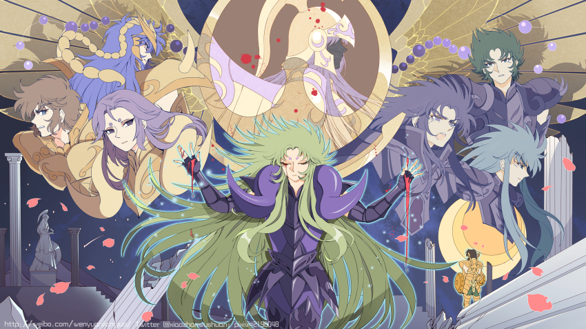 1girl aquarius_camus aries_muu aries_shion armor athena bleeding blood capricorn_shura crying full_armor gemini_saga gold_saint highres kido_saori leo_aiolia libra_douko long_hair multiple_boys purple_hair saint_seiya scorpio_milo sideburns xiaozhan