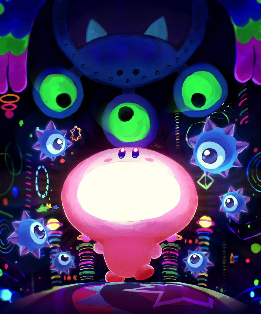 absurdres copy_ability dark extra_eyes fang ghost_gordo glowing highres kirby kirby_(series) kirby_and_the_forgotten_land light light-bulb_mouth light_bulb_mouth light_rays looking_at_another looking_down looking_up monster mouthful_mode neon_lights nintendo open_mouth star_(symbol) surprise_alien_board suyasuyabi walking