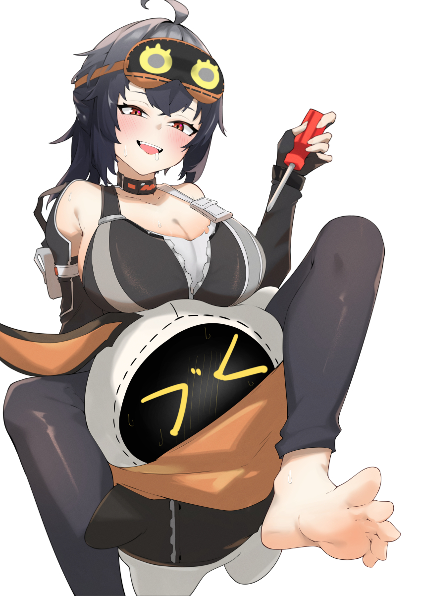 1girl absurdres ahoge bangboo_(zenless_zone_zero) barefoot black_choker black_gloves black_hair black_pants black_tank_top breasts choker cleavage closed_eyes collarbone crop_top drooling elbow_gloves feet fingerless_gloves gloves grace_howard hair_between_eyes highres large_breasts looking_at_another open_mouth pants red_eyes saliva screwdriver sitting sleep_mask smile tank_top teeth toes tongue wan_ban white_background zenless_zone_zero