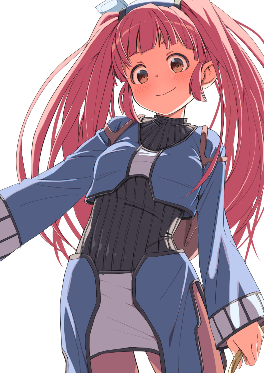 1girl blush brown_eyes crop_top dewprism highres long_hair looking_at_viewer mint_(dewprism) pantyhose pink_hair simple_background skirt smile solo sweater toraneko twintails white_background