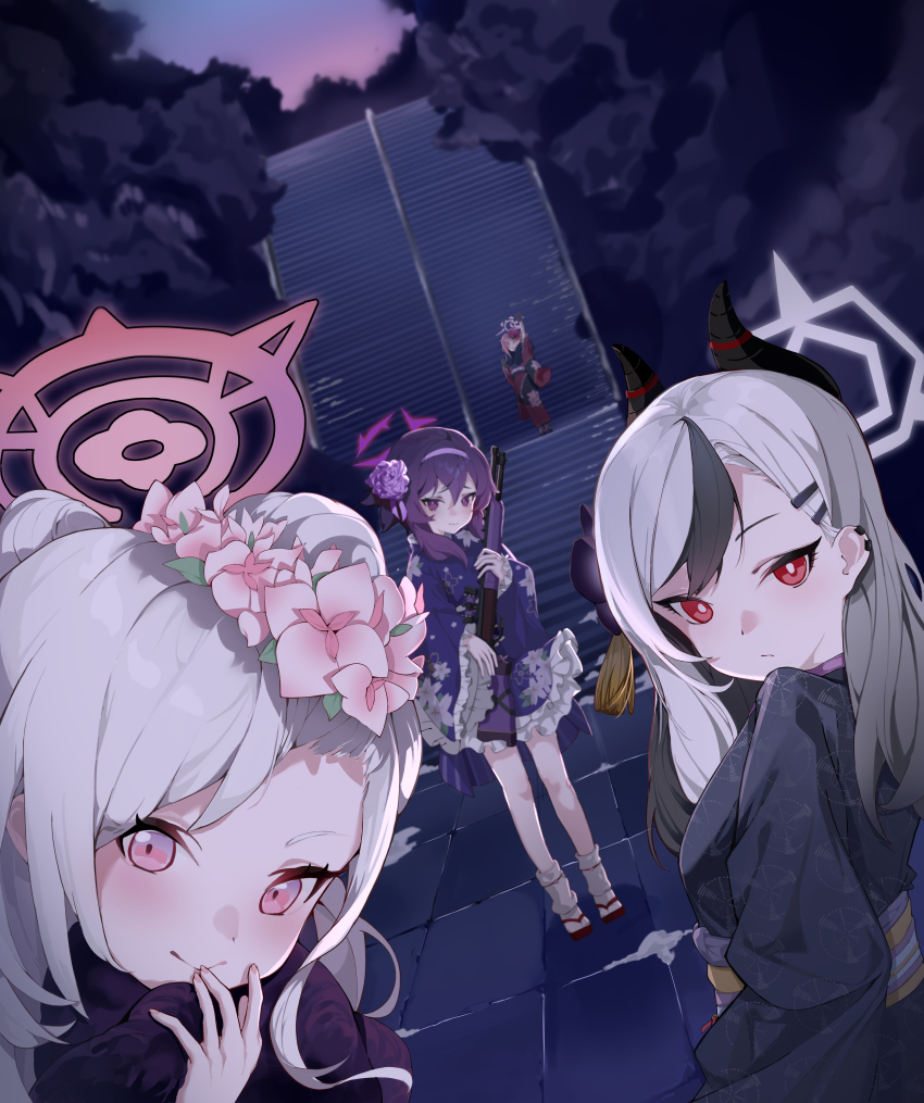 4girls absurdres aru_(blue_archive) aru_(new_year)_(blue_archive) black_hair black_horns blue_archive blue_kimono bright_pupils chinese_commentary closed_mouth commentary_request flower gradient_hair grey_hair grey_halo hair_flower hair_ornament halo hand_up haruka_(blue_archive) haruka_(new_year)_(blue_archive) highres horns japanese_clothes kayoko_(blue_archive) kayoko_(new_year)_(blue_archive) kimono long_hair looking_at_viewer looking_back medium_hair multicolored_hair multiple_girls mutsuki_(blue_archive) mutsuki_(new_year)_(blue_archive) official_alternate_costume outdoors pink_eyes pink_halo problem_solver_68_(blue_archive) purple_hair purple_halo red_eyes smile stairs standing stone_stairs sunrise white_pupils youik16
