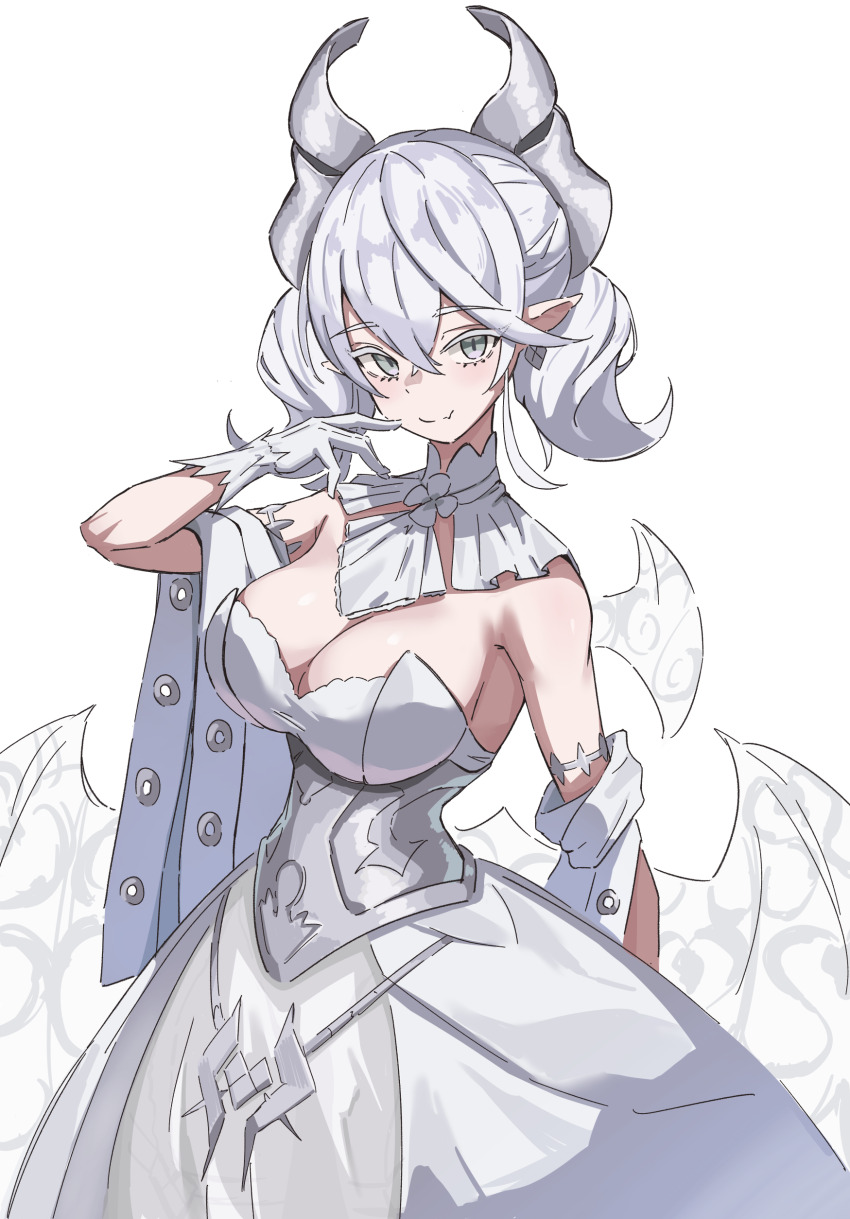 1girl absurdres breasts cleavage closed_mouth demon_girl demon_horns demon_wings detached_collar dress drill_hair duel_monster earrings gloves grey_corset grey_eyes highres horns jewelry large_breasts looking_at_viewer lovely_labrynth_of_the_silver_castle pointy_ears simple_background smile solo transparent_wings twin_drills usa_bunny white_background white_dress white_gloves white_hair wings yu-gi-oh!