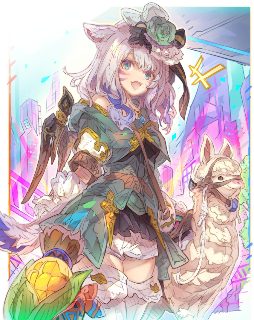 +++ 1girl :d alpaca animal animal_ears blue_eyes blue_jacket cat_ears commentary_request commission fang final_fantasy final_fantasy_xiv flower gloves green_flower green_rose grey_hair grey_hat haku_(sabosoda) hat hat_flower highres jacket looking_at_viewer mini_hat miqo&#039;te open_mouth puffy_short_sleeves puffy_sleeves rose short_sleeves shorts skeb_commission smile solo thighhighs tilted_headwear white_gloves white_shorts white_thighhighs