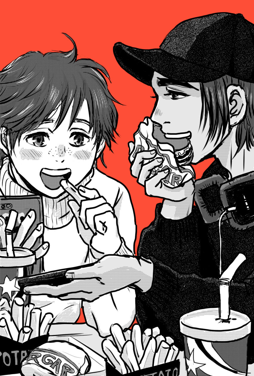2boys baseball_cap burger cellphone cup disposable_cup drinking_straw eating food freckles french_fries greyscale greyscale_with_colored_background hat headphones headphones_around_neck highres ji_guang-hong koizumi_riu leo_de_la_iglesia male_focus monochrome multiple_boys open_mouth orange_background phone red_background smartphone smile sweater turtleneck turtleneck_sweater yuri!!!_on_ice