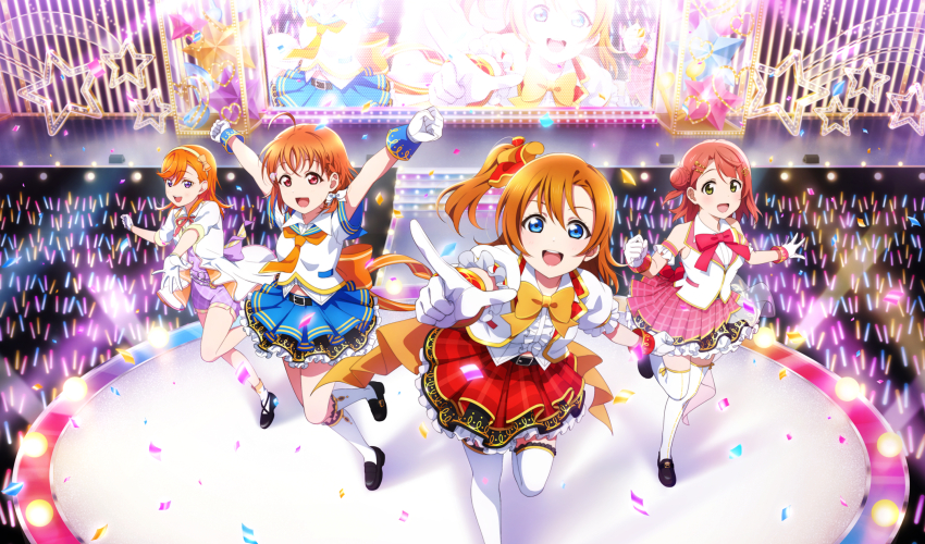 4girls :d absurdres ahoge arms_up black_shoes blue_eyes blue_sailor_collar blue_skirt bow bowtie braid clenched_hand collared_shirt dress_shirt gloves green_eyes hair_between_eyes hairband highres idol index_finger_raised jacket kneehighs kosaka_honoka leg_up long_hair looking_at_viewer love_live! love_live!_nijigasaki_high_school_idol_club love_live!_school_idol_festival_2 love_live!_school_idol_project love_live!_sunshine!! love_live!_superstar!! miniskirt multiple_girls neck_ribbon neckerchief official_art one_side_up open_mouth orange_bow orange_bowtie orange_hair orange_neckerchief orange_ribbon pink_skirt purple_eyes red_bow red_bowtie red_eyes red_skirt ribbon sailor_collar shibuya_kanon shirt shoes short_sleeves side_braid skirt sleeveless sleeveless_jacket sleeveless_shirt smile socks stage swept_bangs takami_chika thighhighs uehara_ayumu white_gloves white_jacket white_shirt white_socks white_thighhighs yellow_hairband zettai_ryouiki