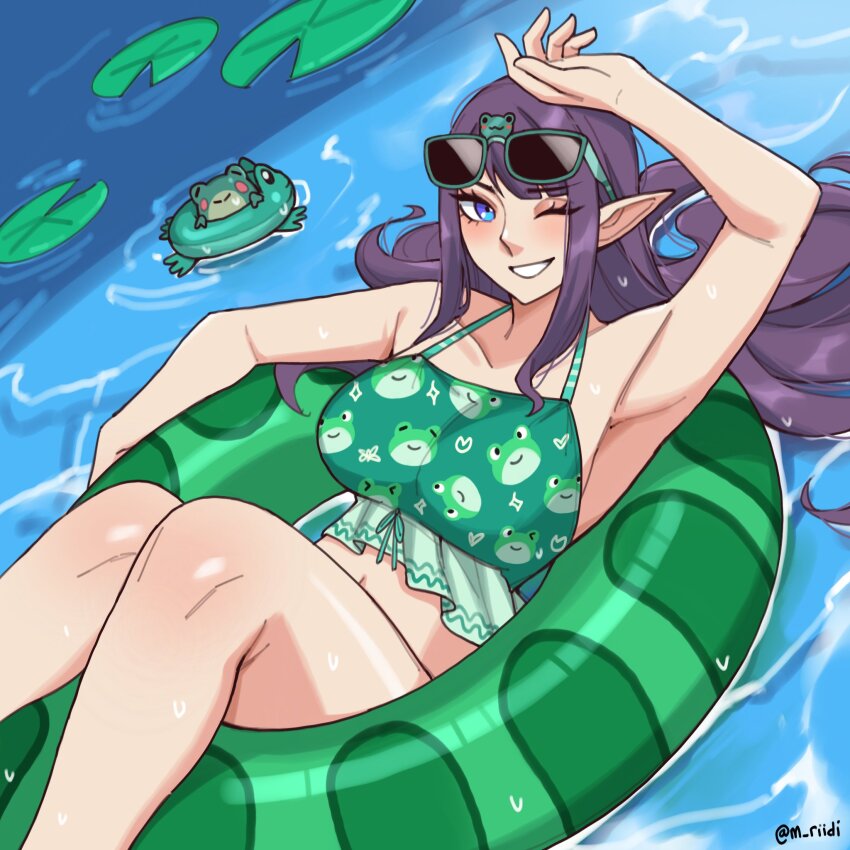 1girl ajeng_(mawaridi) animal_print blue_eyes breasts elf frog frog_print highres large_breasts lily_pad long_hair mawaridi original pointy_ears pool pool_float purple_hair smile solo sunglasses twitter_username very_long_hair water