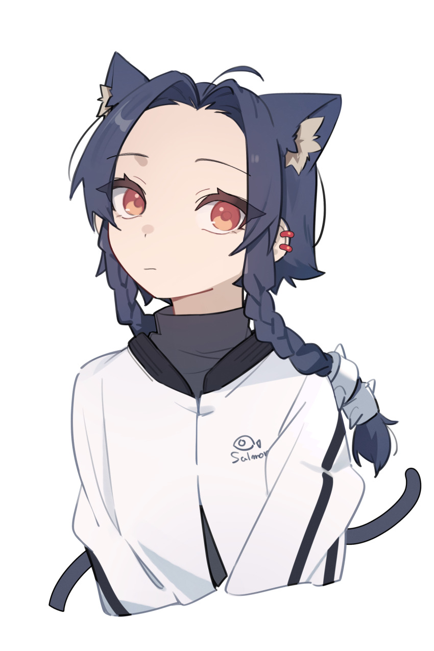 1girl ahoge animal_ear_fluff animal_ears blue_hair braid braided_sidelocks cat_ears cat_girl cat_tail closed_mouth clothes_writing commentary cropped_torso curtained_hair ear_piercing extra_ears grey_shirt hair_over_shoulder hair_tubes high_collar highres jacket kamatpit looking_at_viewer orange_eyes original parted_bangs piercing raised_eyebrows shirt short_hair_with_long_locks sidelocks sideways_glance simple_background solo striped_sleeves tail twin_braids white_background white_jacket