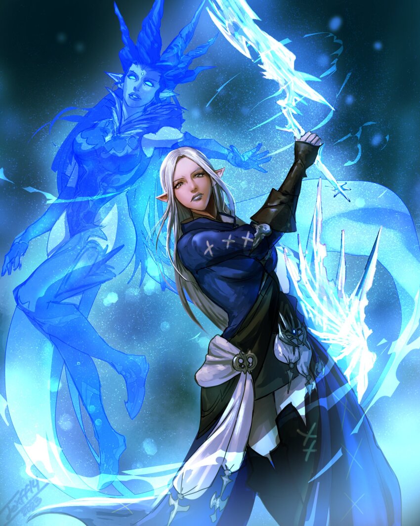 2girls absurdres breasts energy final_fantasy final_fantasy_xiv floating highres holding holding_sword holding_weapon ice large_breasts leotard long_hair long_skirt looking_at_viewer multiple_girls outstretched_arm pointy_ears shiva_(final_fantasy) skirt sword texd41 thighhighs weapon white_hair ysayle_dangoulain zettai_ryouiki