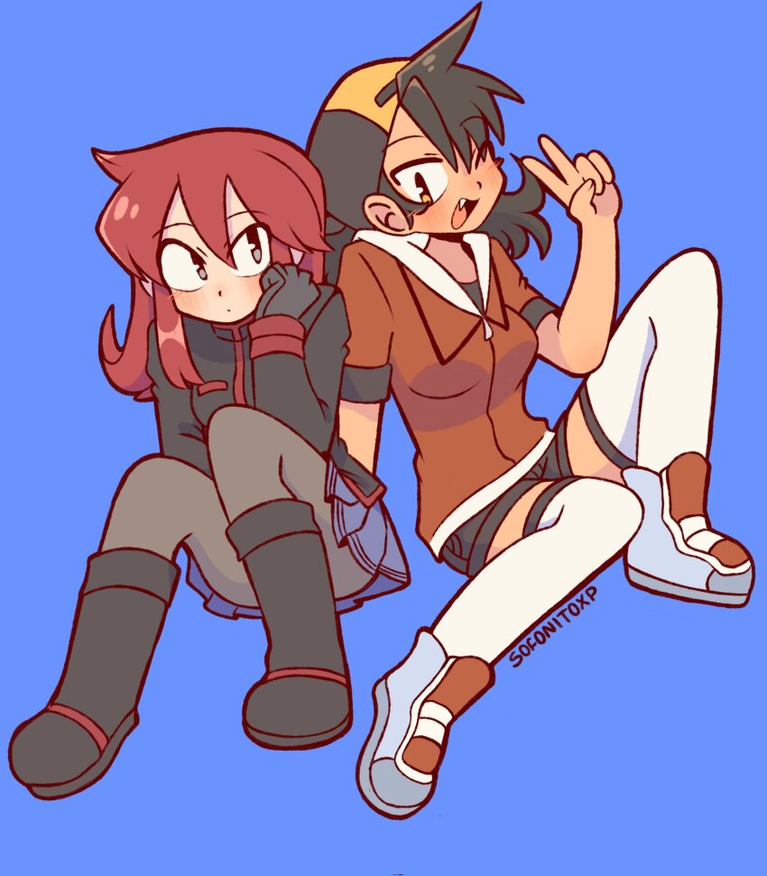 2girls backwards_hat baseball_cap black_boots black_gloves black_hair black_shorts blue_background blue_skirt blush boots breasts brown_eyes ethan_(pokemon) fang genderswap genderswap_(mtf) gloves grey_eyes grey_pantyhose hat highres hood hoodie long_hair long_sleeves medium_breasts medium_hair multiple_girls nintendo pantyhose pleated_skirt pokemon pokemon_hgss red_hair red_hoodie shoes short_sleeves shorts silver_(pokemon) simple_background skirt sneakers sofo_soup tan thighhighs v white_thighhighs
