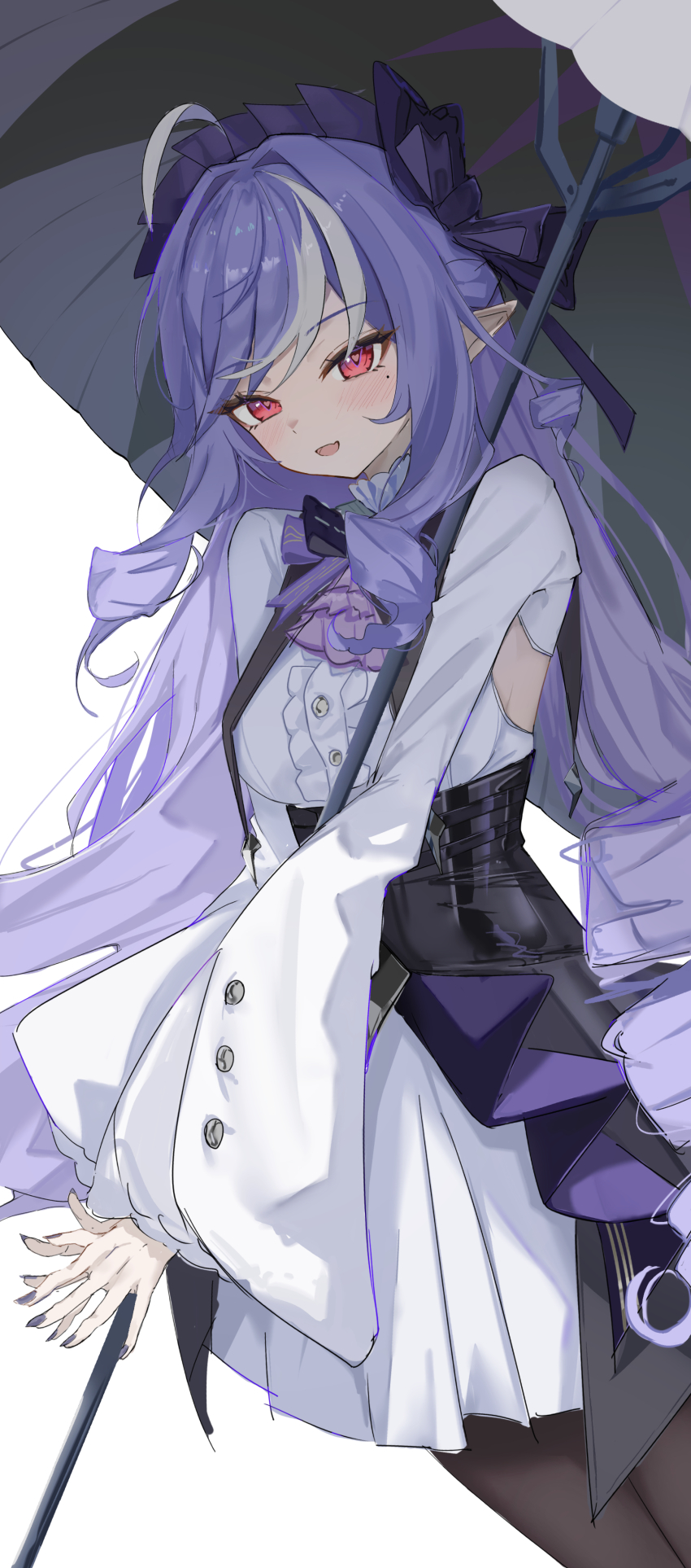 1girl absurdres ahoge black_corset blush breasts commentary corset drill_hair hair_ribbon highres holding holding_umbrella long_hair long_sleeves looking_at_viewer medium_breasts mole mole_under_eye multicolored_hair nail_polish purple_hair purple_nails red_eyes ribbon simple_background solo streaked_hair symbol-only_commentary umbrella vivian_(zenless_zone_zero) white_background white_streaks wide_sleeves zenless_zone_zero zo_(nphm3333)