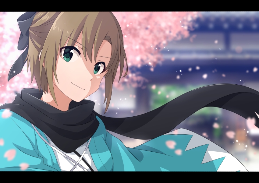 1girl absurdres aki_no_suke_p black_bow black_scarf blurry blurry_background bow brown_hair cherry_blossoms cosplay day fate_(series) female_focus green_eyes hair_between_eyes hair_bow haori highres idolmaster idolmaster_cinderella_girls japanese_clothes kimono letterboxed okita_souji_(fate) okita_souji_(koha-ace) okita_souji_(koha-ace)_(cosplay) outdoors scarf short_hair smile solo tada_riina upper_body white_kimono