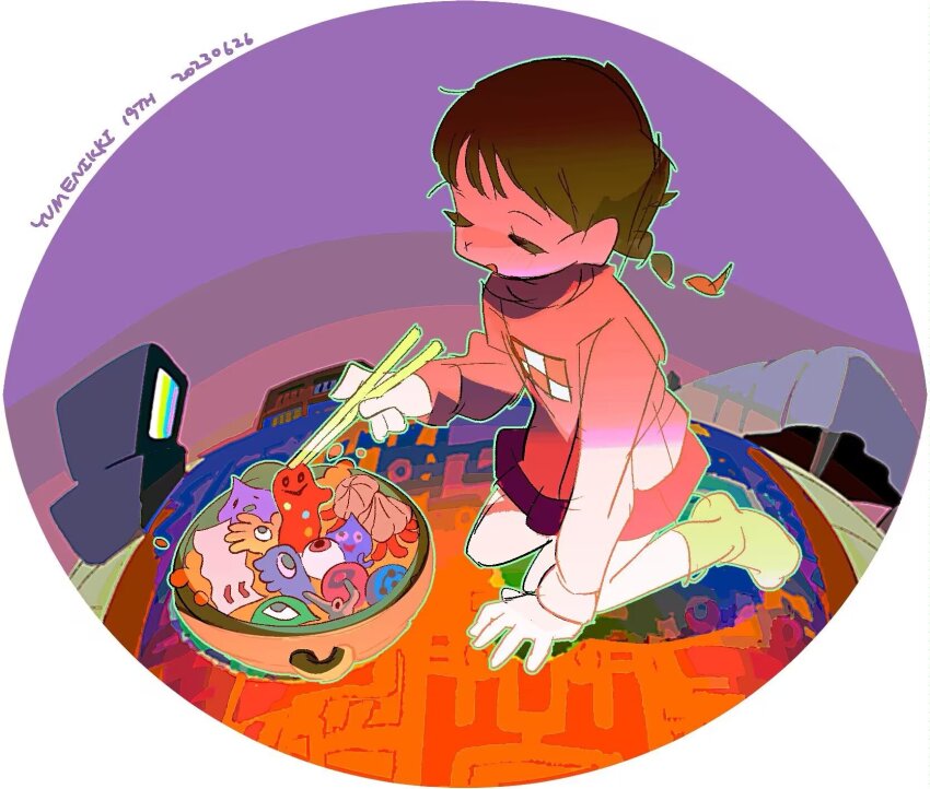 1girl anniversary arm_support bed bookshelf border braid brown_hair character_request chinese_commentary chopsticks round_border closed_eyes commentary_request copyright_name creature dated eyeball fisheye green_outline green_socks highres holding holding_chopsticks indoors ittan_momen jellyfish_(yume_nikki) kyukkyu-kun long_hair long_sleeves madotsuki nabe on_floor outline pink_sweater print_sweater purple_background red_skirt round_border round_image rug sitting skirt socks solo sweater television wariza wheelie_(yume_nikki) white_border yume_nikki yylp_(pingnpingn)