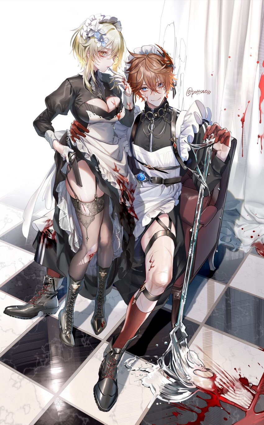 1boy 1girl absurdres aegyo_sal ankle_boots apron belt biting biting_glove black_dress black_footwear black_thighhighs blonde_hair blood blood_on_breasts blood_on_clothes blood_on_face blood_on_ground blood_on_hands blood_on_leg blue_eyes boots breasts brown_hair checkered_floor cleavage cleavage_cutout clothes_lift clothing_cutout collared_dress commentary crossdressing dress dress_lift flower frilled_apron frills garter_straps genshin_impact gloves hair_between_eyes hair_flower hair_ornament half_gloves high_heel_boots high_heels highres holding holding_knife juliet_sleeves kneehighs knife lace lace-trimmed_legwear lace_trim large_breasts long_sleeves lumine_(genshin_impact) maid maid_apron maid_headdress mask mask_on_head pantyhose pottsness puffy_sleeves red_gloves red_socks short_hair_with_long_locks sidelocks sitting skindentation smile socks standing tartaglia_(genshin_impact) tartarus thighhighs torn_clothes torn_pantyhose torso_grab twitter_username vision_(genshin_impact) white_gloves yellow_eyes