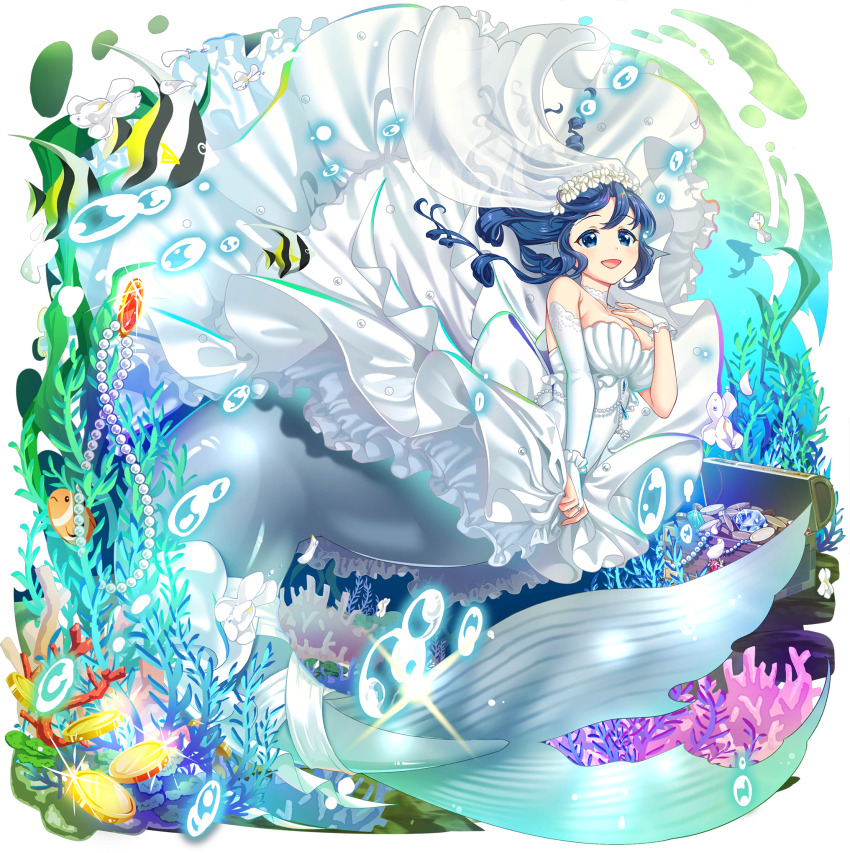 1girl air_bubble alternate_costume asymmetrical_gloves blue_eyes blue_hair breasts bridal_gauntlets bridal_veil bubble cleavage clownfish coin coral diamond_(gemstone) dress drill_hair drill_sidelocks elbow_gloves fins fish fish_request flower game_cg gem glint gloves gold_coin green_gemstone head_fins head_wreath highres jewelry kneeless_mermaid looking_at_viewer mermaid monster_girl necklace official_art open_mouth pearl_necklace red_gemstone rotte_(1109) seaweed shark sidelocks smile solo strapless strapless_dress third-party_source touhou touhou_lostword transparent_background treasure_chest underwater uneven_gloves unworn_jewelry unworn_necklace veil wakasagihime wedding_dress white_dress white_flower white_gloves