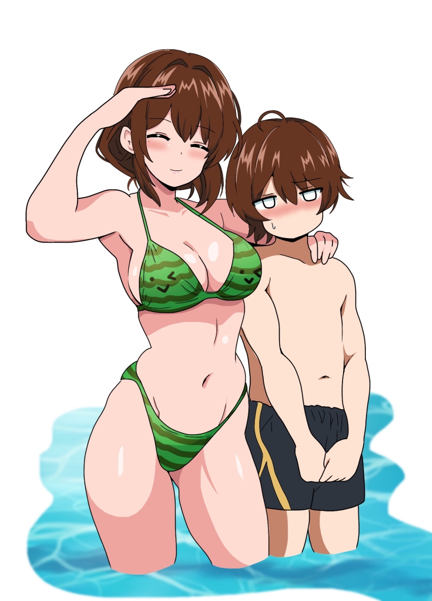 1boy 1girl age_difference ahoge bikini black_male_swimwear black_shorts breasts brown_hair cleavage closed_eyes commentary_request contrapposto green_bikini hand_on_another&#039;s_shoulder highleg highleg_bikini highres kinako_mochi_(pixiv100419090) large_breasts male_swimwear mature_female navel o_o onee-shota original salute short_hair shorts smile striped_bikini striped_clothes swim_trunks swimsuit wading water
