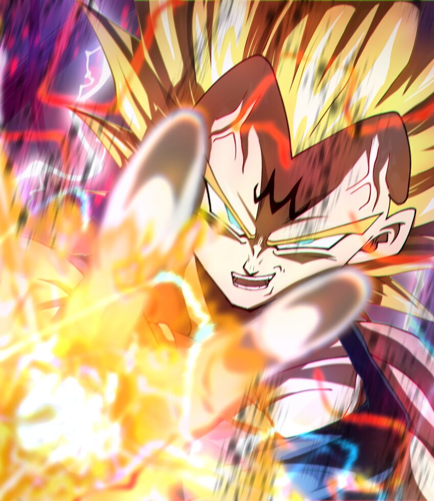 1boy blonde_hair blue_bodysuit bodysuit coyote_koyoharu dragon_ball dragonball_z electricity facial_mark forehead_mark green_eyes highres majin_vegeta male_focus medium_hair muscular muscular_male powering_up solo spiked_hair super_saiyan upper_body vegeta veins