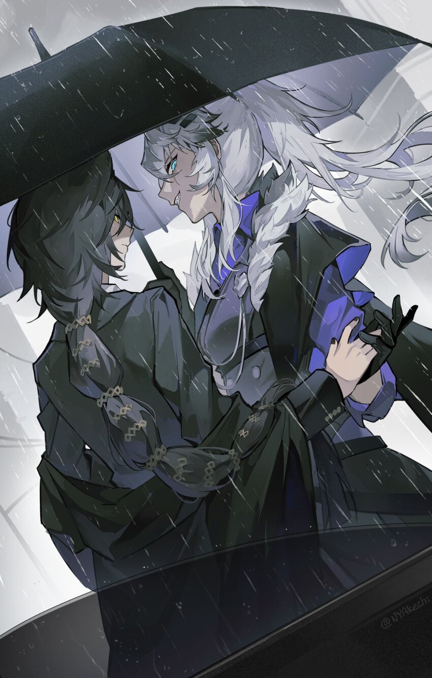 2girls akechi_(826988799) animal_ears aqua_eyes arknights black_cape black_coat black_gloves black_nails black_shirt black_umbrella braid breasts brown_hair buttons cape closed_mouth coat collared_shirt double-breasted dutch_angle extra_ears from_behind fur-trimmed_cape fur_trim gloves hair_ornament hairclip highres holding holding_hands holding_umbrella lappland_(arknights) lappland_the_decadenza_(arknights) lappland_the_decadenza_(unruly_humbleness)_(arknights) long_hair long_sleeves looking_at_viewer medium_breasts multiple_girls nail_polish off_shoulder official_alternate_costume outdoors parallel_hairclips penance_(arknights) ponytail purple_shirt rain scar scar_across_eye scar_on_face sharp_teeth shirt single_braid smile teeth twitter_username umbrella under_umbrella white_hair white_shirt wolf_ears wolf_girl yellow_eyes yuri