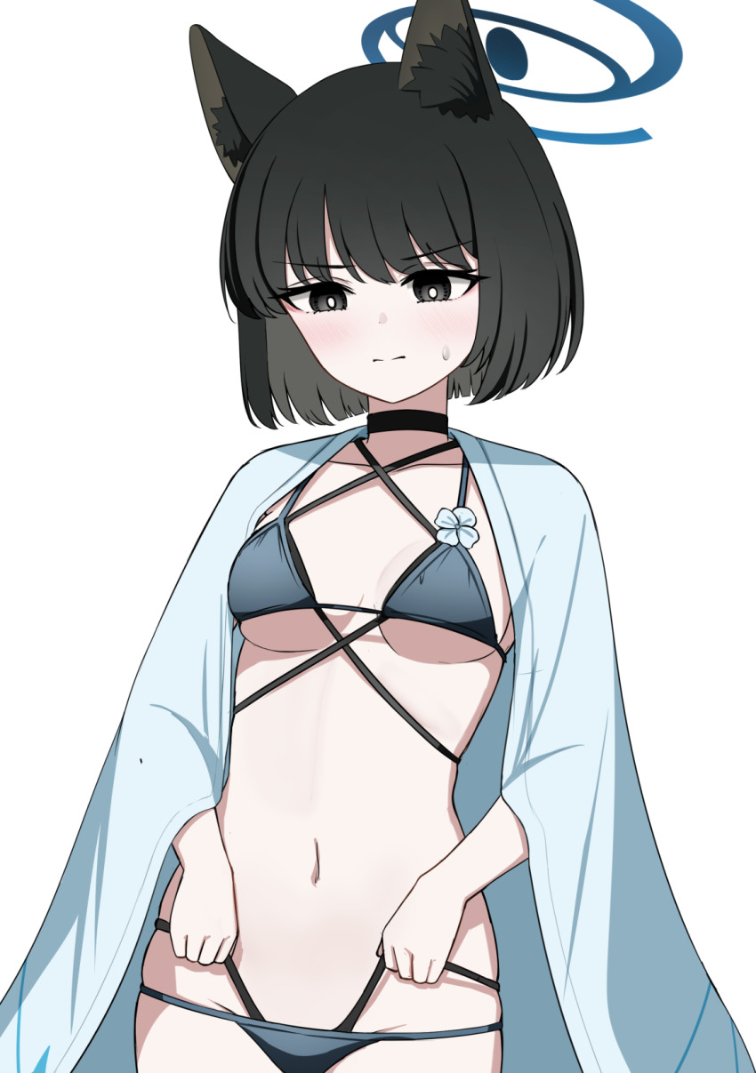 1girl adjusting_clothes adjusting_swimsuit bikini black_choker black_eyes black_hair blue_archive blue_bikini blush cat_girl cat_tail choker closed_mouth highres kikyou_(blue_archive) kikyou_(swimsuit)_(blue_archive) looking_at_viewer official_alternate_costume short_sleeves solo sweatdrop swimsuit tail watakaze