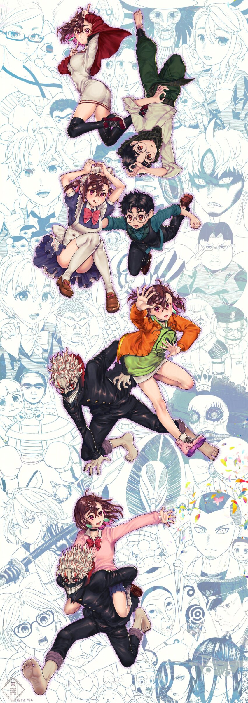 6+boys 6+girls absurdres adjusting_eyewear alien antennae ayase_momo ayase_seiko barefoot black_choker black_hair black_nails black_pantyhose black_scarf black_sclera black_thighhighs black_vest blue_dress blue_shirt blue_skirt boots bow bowtie breasts brown_eyes brown_hair brown_shoes carrying cat character_request chiquitita choker cleavage clenched_hands collared_dress collared_shirt colored_sclera count_saint-germain crossed_arms crossed_bangs crown dandadan drawing_sword dress earrings enjoji_jin everyone evil_eyes facial_mark fingers_to_mouth floating frown full_body gakuran glasses green_hoodie green_pants hair_between_eyes hand_on_own_head hat heart heart_hands highres holding holding_sword holding_weapon hood hoodie jacket jacket_over_hoodie jewelry joo_(dandadan) loafers loose_socks maid maid_headdress manjiro_(dandadan) medium_breasts medium_hair miko_(dandadan) mr._mantis_shrimp muko_(dandadan) multicolored_hair multiple_boys multiple_girls multiple_views nail_polish necktie nurse nurse_cap off-shoulder_sweater off_shoulder official_alternate_costume open_mouth orange_jacket outstretched_hand pants pants_rolled_up pantyhose parted_bangs piggyback pink_boots pink_bow pink_bowtie pink_sweater pleated_skirt puffy_short_sleeves puffy_sleeves purple_eyes red_boots red_bow red_bowtie red_eyes red_hair red_jacket round_eyewear sakata_kinta sawaki_rin scarf school_uniform serpo_(dandadan) sharp_teeth shiratori_aira_(dandadan) shirt shirt_under_sweater shoes short_dress short_hair short_sleeves short_twintails skirt sleeves_rolled_up smile socks streaked_hair sweater sword takakura_ken_(dandadan) takakura_ken_(transformed)_(dandadan) teeth thighhighs third_eye toenail_polish toenails tongue tongue_out turbo_granny_(dandadan) twintails unibrow vamola_(dandadan) vest waistcoat wavy_hair weapon white_dress white_hair white_shirt white_skirt white_socks white_thighhighs yukishiro_kouki yz_tfx