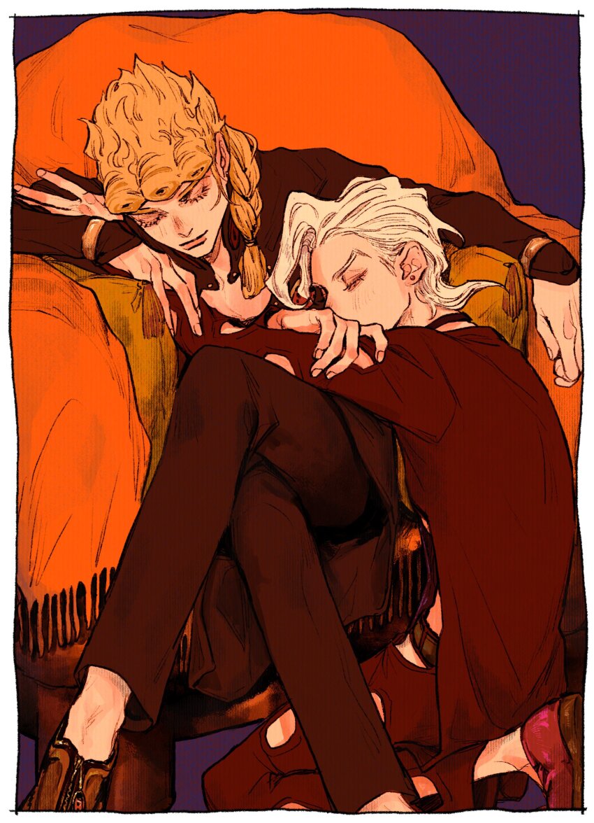 2boys absurdres belt black_jacket black_pants black_shirt blonde_hair border braid chair choker closed_eyes clothing_cutout crossed_legs earrings giorno_giovanna highres jacket jewelry jojo_no_kimyou_na_bouken long_hair male_focus multiple_boys okokoro_zaiku pannacotta_fugo pants shirt sitting sleeping sleeping_on_person sleeves_past_wrists stud_earrings vento_aureo victory_rolls white_border white_hair