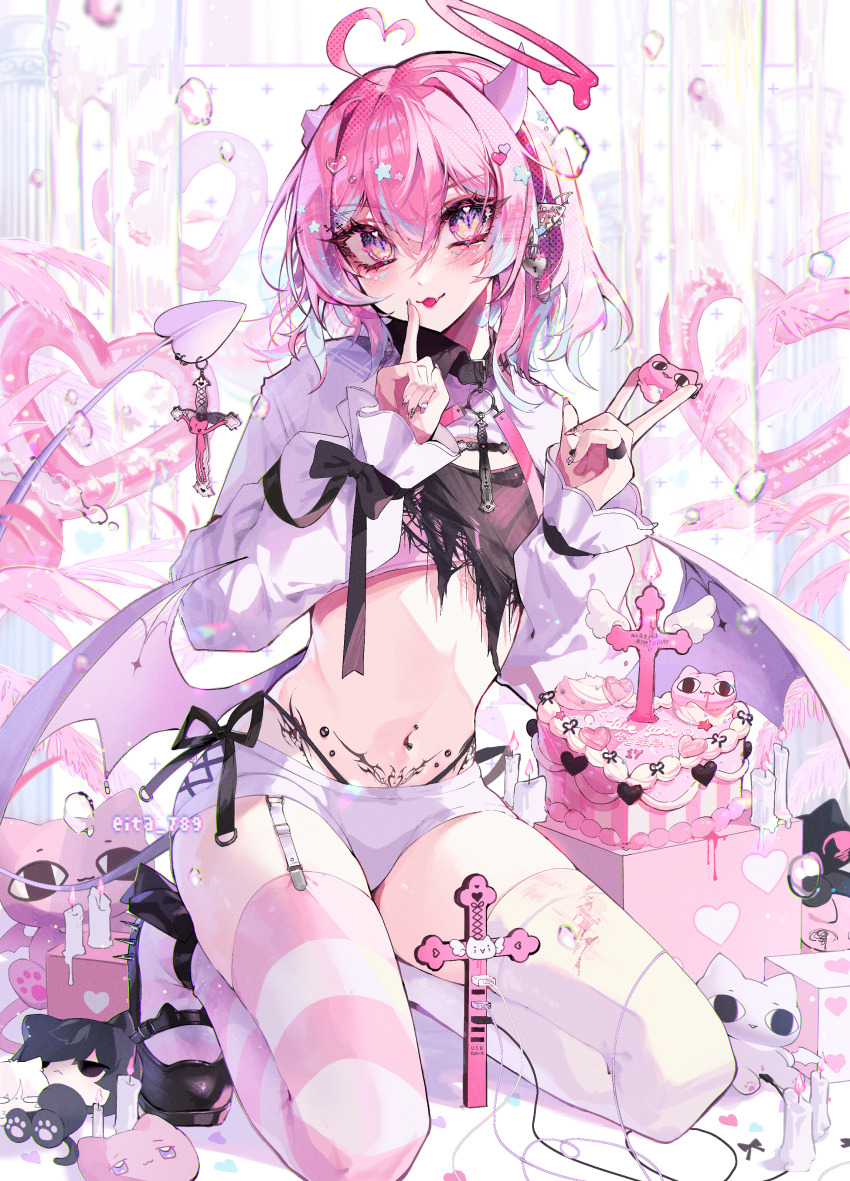 1boy absurdres aegyo_sal ahoge asymmetrical_legwear bandaid bandaid_on_hand bandaid_on_neck black_bow black_collar black_panties black_ribbon black_shirt black_shoes blood blood_on_leg blood_on_neck blue_hair blush bow broken_horn bubble buckle cake cande candy chain chocolate chocolate_heart cleavage_cutout clothing_cutout collar collared_shirt commentary cross cross-laced_clothes cross-laced_shorts day demon_boy demon_tail demon_wings ear_piercing earrings eita_789 facial_mark fang finger_to_own_chin food frilled_sleeves frills full_body garter_straps hair_between_eyes hair_intakes hair_ornament halo hands_up heart heart-shaped_lock heart_ahoge heart_hair_ornament heart_in_eye highres holding horizontal-striped_thighhighs horns indoors jewelry kneeling lock lock_earrings long_sleeves looking_at_viewer mary_janes medium_hair melting_halo midriff mismatched_legwear mismatched_thighhighs multicolored_eyes multicolored_hair nail_polish original panties piercing pink_blood pink_hair pink_nails pink_thighhighs plant pointing pointing_at_self pointy_ears puffy_long_sleeves puffy_sleeves purple_eyes purple_horns purple_tail purple_wings ribbon shirt shoes short_shorts shorts single_garter_strap skin_fang sleeve_bow solo star_(symbol) star_facial_mark star_hair_ornament streaked_hair striped_clothes striped_thighhighs symbol-only_commentary symbol_in_eye tail thighhighs tongue tongue_out torn_clothes torn_shirt trap two-tone_eyes two-tone_hair two-tone_shirt two-tone_thighhighs underwear v-shaped_eyebrows w whipped_cream white_shirt white_shorts white_thighhighs wings yellow_eyes
