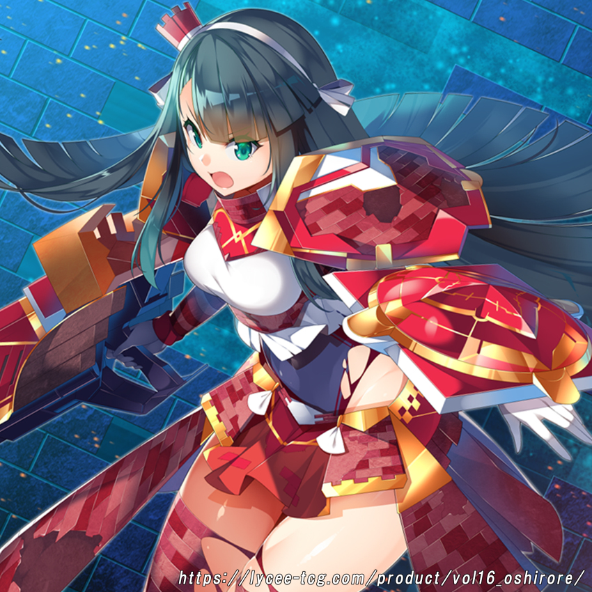 1girl :o anping_(oshiro_project) aqua_eyes armor breasts commentary_request crown_hair_ornament female_focus green_eyes green_hair hairband highres kokka_han large_breasts long_hair looking_at_viewer official_art oshiro_project:re solo watermark web_address white_hairband