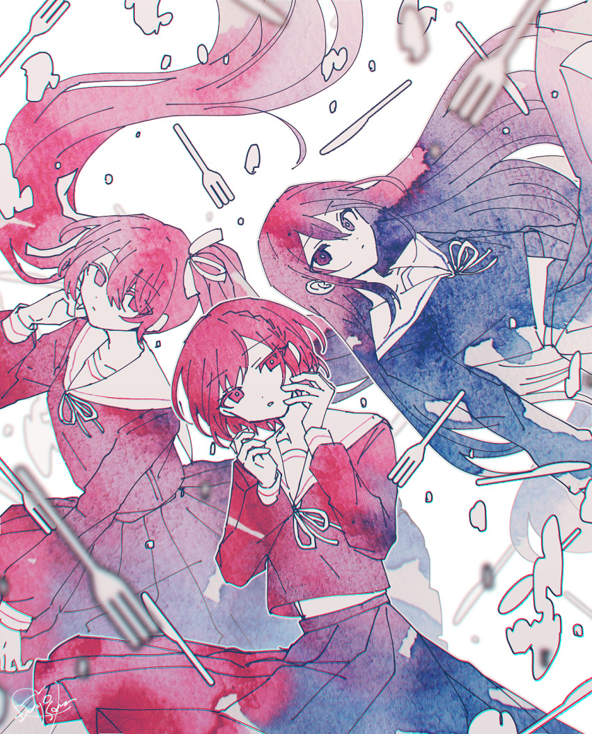 25-ji_miku 25-ji_nightcord_de._(project_sekai) 3girls bob_cut braid bubble commentary_request danjou_sora empty_eyes fork hair_ribbon hatsune_miku highres knife long_hair long_sleeves looking_at_viewer looking_to_the_side monochrome mousou_kanshou_daishou_renmei_(vocaloid) multiple_girls neck_ribbon pleated_skirt project_sekai ribbon sailor_collar school_uniform serafuku shinonome_ena shirt short_hair skirt twintails very_long_hair vocaloid watercolor_effect yoisaki_kanade