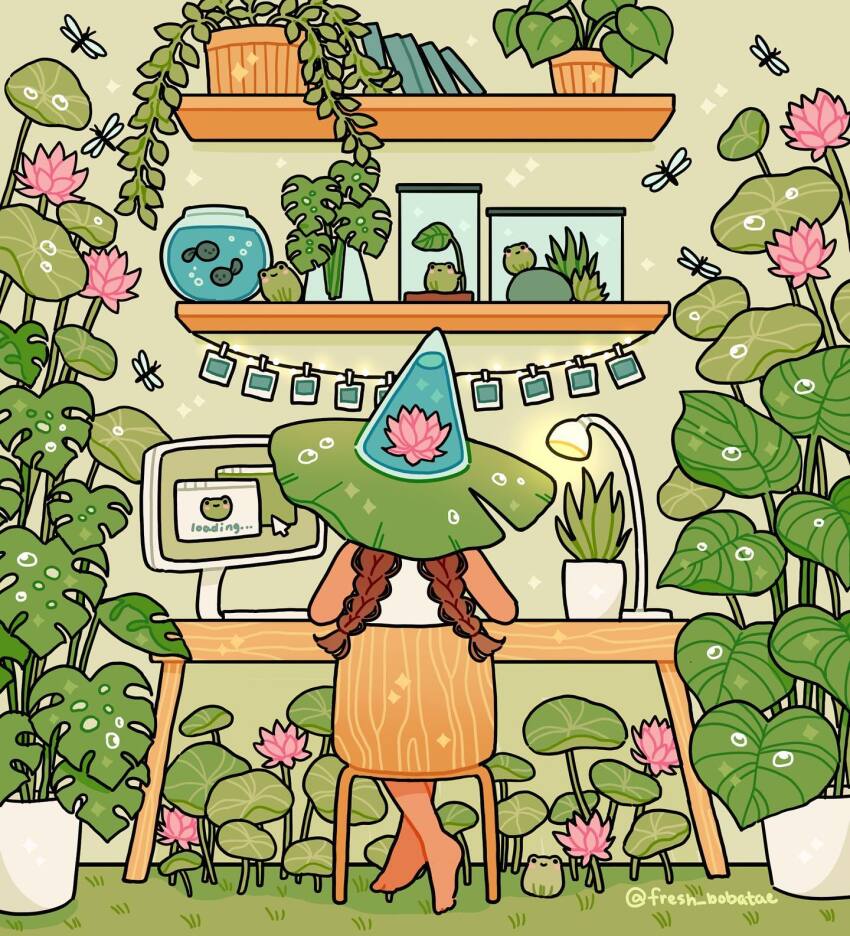 1girl barefoot brown_hair bug desk_lamp digital_media_player dragonfly elbows_on_table emily_kim flower frog from_behind grass green_theme hat highres indoors insect lamp lily_pad liquid monitor monstera_deliciosa original plant polaroid_photo potted_plant rock sitting solo sparkle table terrarium water water_drop water_lily_flower witch_hat wooden_chair wooden_table
