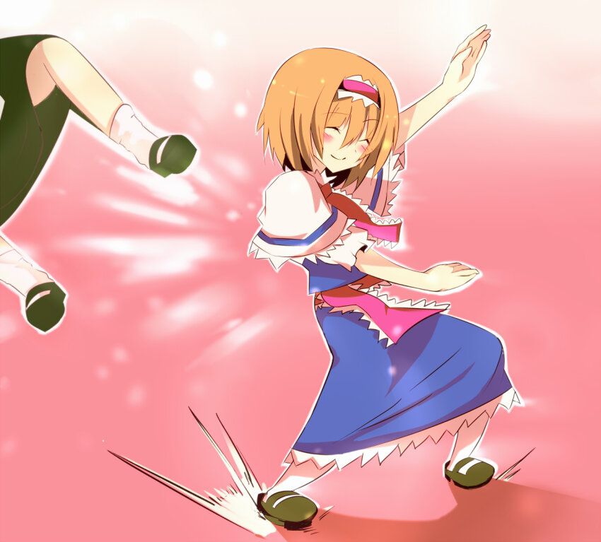 2girls alice_margatroid ayuki_(47881314) black_footwear black_skirt blue_dress blush capelet closed_mouth commentary_request cookie_(touhou) dress frilled_hairband frilled_necktie frilled_sash frills full_body hair_between_eyes hairband highres hinase_(cookie) kirisame_marisa long_bangs mary_janes multiple_girls necktie orange_hair pink_background pink_hairband pink_necktie pink_sash sash shoes short_hair skirt smile socks solo_focus throwing throwing_person touhou uzuki_(cookie) white_capelet white_socks