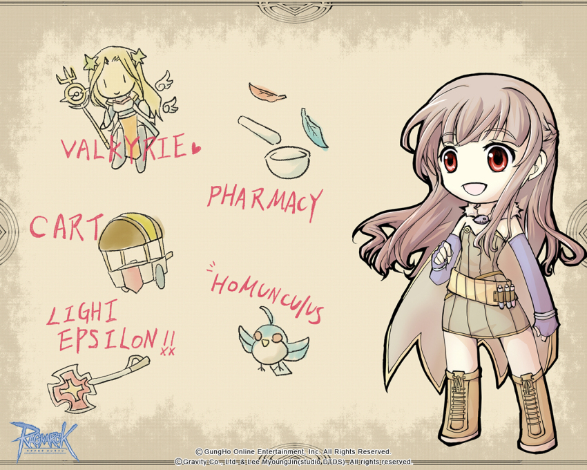 1girl :d alchemist_(ragnarok_online) axe belt bird blue_bird blunt_bangs boots braid brown_background brown_belt brown_cape brown_dress brown_hair cape chibi chibi_only child&#039;s_drawing copyright_notice cross dress elbow_gloves filir_(ragnarok_online) fingerless_gloves flat_chest fur_collar gloves guest_art half_up_braid leaf logo long_hair mortar_(bowl) official_art official_wallpaper open_mouth pestle pullcart purple_gloves ragnarok_online red_eyes short_dress simple_background smile solo strapless strapless_dress uragawa_(uraga_iori) valkyrie_(ragnarok_online) vial