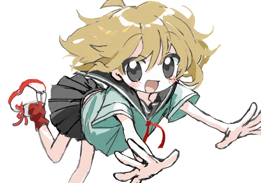 1girl :d black_skirt brown_eyes highres hitonatz open_mouth original outstretched_arms pleated_skirt sailor_collar school_uniform serafuku shoes short_hair short_sleeves simple_background skirt smile solo white_background