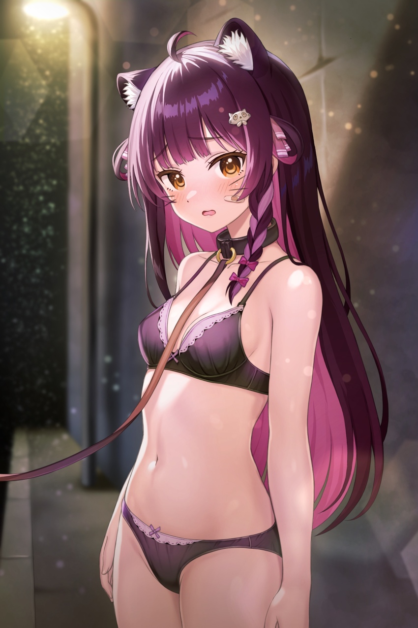 1girl absurdres ahoge animal_ear_fluff animal_ears black_bra black_panties bra braid breasts brown_collar collar colored_inner_hair commission exhibitionism hair_ribbon highres lamppost leash long_hair looking_at_viewer multicolored_hair navel orange_eyes outdoors panties pink_hair pixellink pov public_indecency purple_hair purple_ribbon rabineru raccoon_ears raccoon_girl raki_kazuki ribbon second-party_source skeb_commission small_breasts solo stomach underwear underwear_only virtual_youtuber wavy_mouth