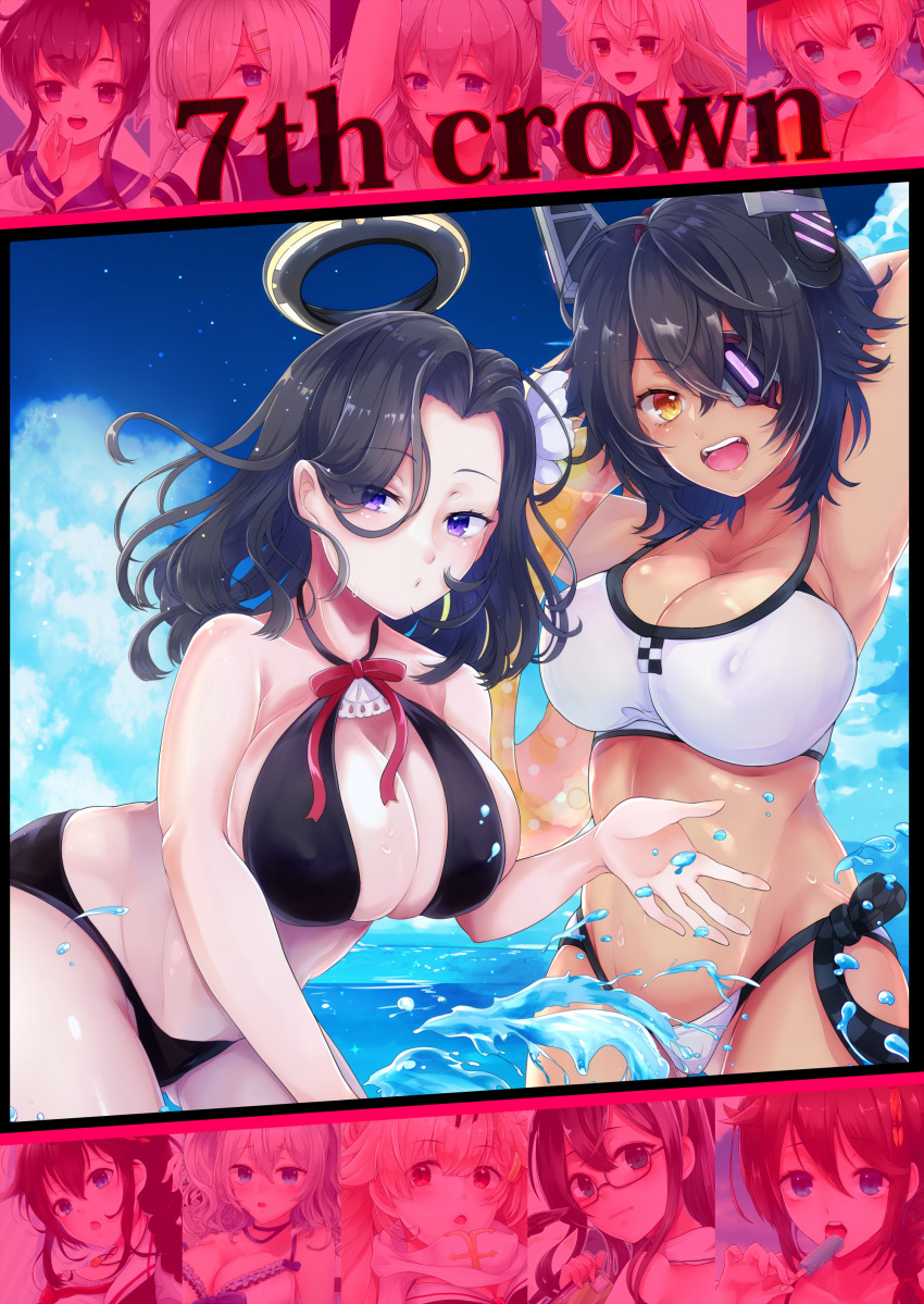 2girls 7comachi7 absurdres arms_behind_head bikini black_bikini breasts cleavage collarbone commentary_request eyepatch hair_intakes halo hamakaze_(kancolle) headgear highres kantai_collection kashima_(kancolle) large_breasts looking_at_viewer mechanical_halo multiple_girls ooyodo_(kancolle) open_mouth prinz_eugen_(kancolle) purple_eyes purple_hair shigure_(kancolle) shimakaze_(kancolle) short_hair smile splashing swimsuit tatsuta_(kancolle) tatsuta_(swimsuit)_(kancolle) teeth tenryuu_(kancolle) tenryuu_(swimsuit)_(kancolle) tokitsukaze_(kancolle) upper_teeth_only white_bikini yellow_eyes yuudachi_(kancolle)