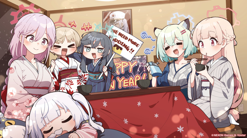 &gt;_&lt; +++ 6+girls animal_ears bath_yukata blue_archive blush bowl breasts cherino_(blue_archive) cherino_(hot_spring)_(blue_archive) chopsticks cleavage closed_eyes eating fake_facial_hair fake_mustache floral_print green_hair hair_ornament hairclip halo happy_new_year highres hip_flask holding holding_bowl holding_chopsticks indoors japanese_clothes junsuina_fujunbutsu kimono kotatsu logo long_hair long_sleeves lying marina_(blue_archive) minori_(blue_archive) multiple_girls new_year nodoka_(blue_archive) nodoka_(hot_spring)_(blue_archive) obi official_art on_stomach open_mouth pink_hair saliva sash shigure_(blue_archive) shigure_(hot_spring)_(blue_archive) sign sitting sleeping table tomoe_(blue_archive) wide_sleeves yukata