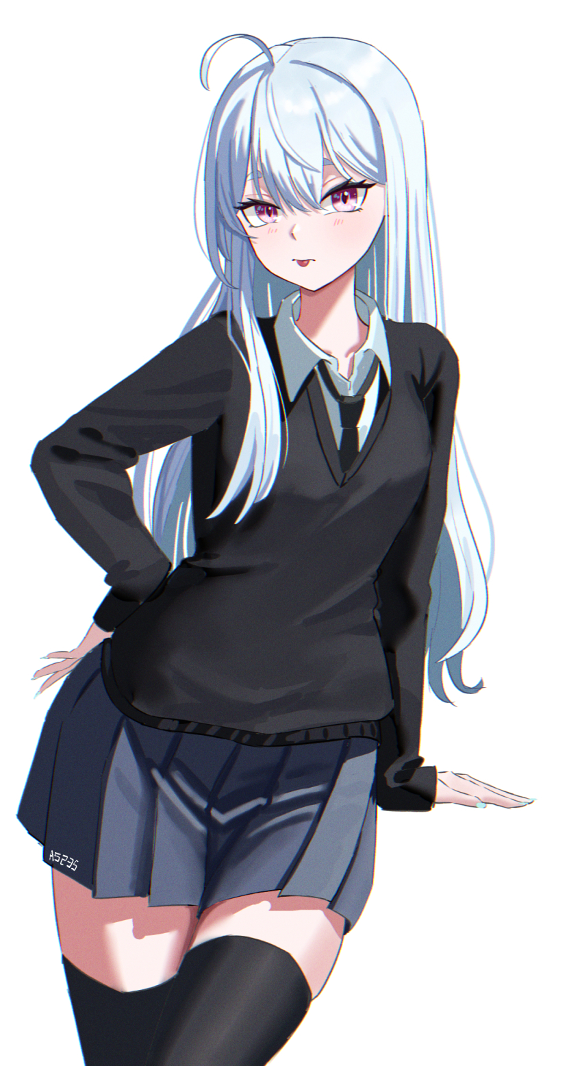 a5235 ahoge collared_shirt hand_on_own_hip highres long_hair long_sleeves pink_eyes shirt simple_background sirian_rain skirt solo thighhighs tongue tongue_out virtual_youtuber waktaverse white_background white_hair zettai_ryouiki