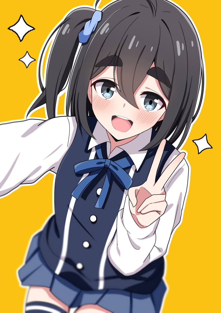 1girl absurdres amamiya_satsuki_(mono) black_hair blue_eyes blurry blush cardigan_vest collared_shirt commentary_request hair_between_eyes hair_ornament hair_scrunchie highres hosinonana looking_at_viewer mono_(afro) neck_ribbon open_mouth outline pleated_skirt ribbon school_uniform scrunchie shirt side_ponytail simple_background skirt sparkle teeth thick_eyebrows upper_teeth_only v white_shirt yellow_background