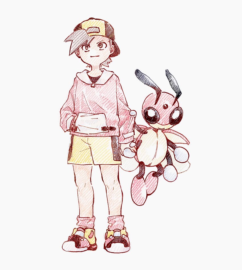 1boy backwards_hat closed_mouth commentary_request ethan_(pokemon) gen_2_pokemon hand_in_pocket hat highres holding_hands jacket knees ledian long_sleeves male_focus nintendo pink_socks pokemon pokemon_(creature) pokemon_gsc shirt shoes short_hair shorts simple_background smile socks standing tan_carbonnn white_background yellow_shorts