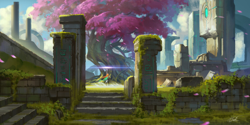 1girl brick_wall cape chinnkun cloud facing_away fantasy from_behind grass holding holding_staff landscape original painterly pink_leaf ruins runes signature sky staff stairs tree wind