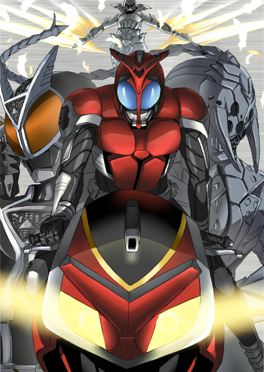 2boys chichihirosu crane_orphnoch highres horns kamen_rider kamen_rider_555 kamen_rider_delta kamen_rider_kabuto kamen_rider_kabuto_(series) monster motor_vehicle motorcycle multiple_boys snake_orphnoch vehicle