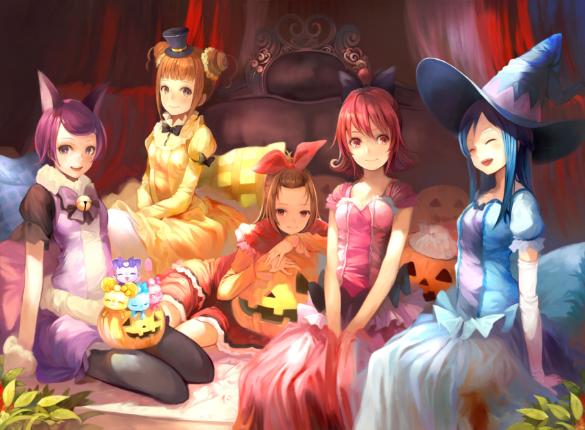5girls ai-chan_(dokidoki!_precure) aida_mana animal_ears blue_eyes blue_hair blush bow breasts brown_hair candy davi_(dokidoki!_precure) db_(dokidoki!_precure) dokidoki!_precure dress hair_bow halloween hat hishikawa_rikka jack-o&#039;-lantern kenzaki_makoto long_hair madoka_aguri mini_hat mini_top_hat multiple_girls pink_bow pink_hair precure pumpkin purple_hair rakeru_(dokidoki!_precure) red_eyes sharuru_(dokidoki!_precure) short_hair small_breasts smile top_hat toromi_chuuka witch_hat yotsuba_alice