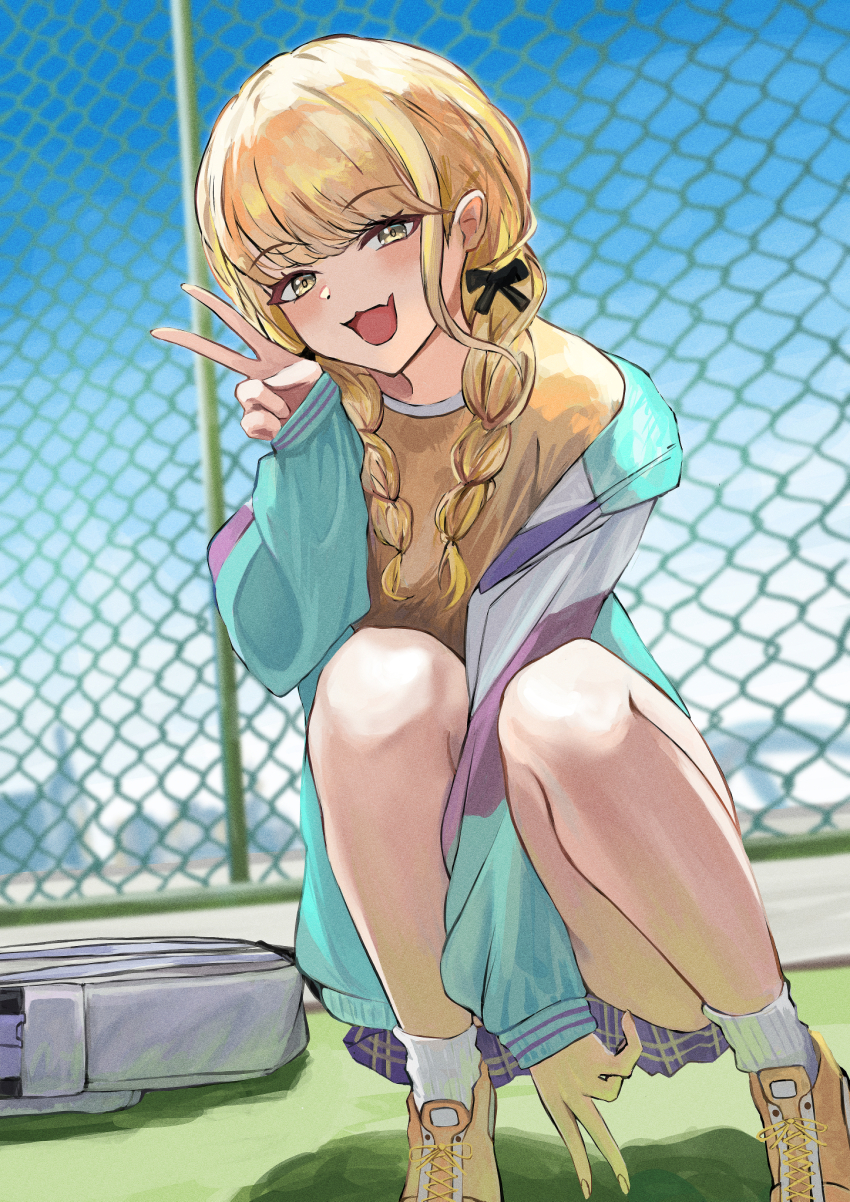 1girl blonde_hair blue_skirt blush braid chain-link_fence commentary double_v fang fence fujita_kotone gakuen_idolmaster grey_bag highres idolmaster jacket long_hair looking_at_viewer multicolored_jacket plaid_clothes plaid_skirt rooftop school_uniform shirt shoes skin_fang skirt smile sneakers solo squatting twin_braids ushimo_(dztu8434) v yellow_eyes yellow_shirt yellow_shoes