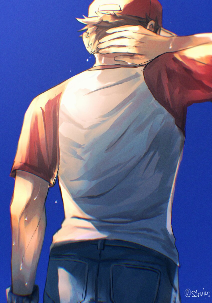 1boy blue_background blurry bracelet brown_hair chromatic_aberration commentary from_behind hand_on_own_neck hand_up hat highres jewelry male_focus nintendo pants pokemon pokemon_sm red_(pokemon) red_hat shirt shiruko_(s1ruko) short_hair short_sleeves solo symbol-only_commentary t-shirt twitter_username