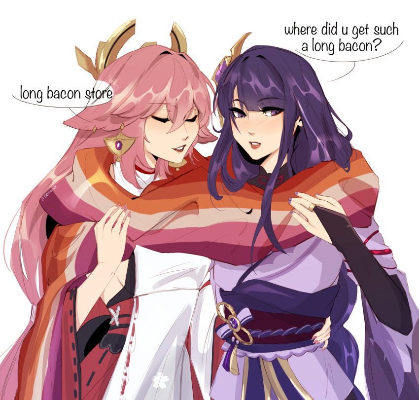 2girls animal_ears arm_around_waist bridal_gauntlets closed_eyes commentary droopy_ears earrings english_commentary english_text fox_ears fox_girl genshin_impact hair_between_eyes hand_on_another&#039;s_waist highres japanese_clothes jewelry kimono lesbian_flag long_bacon_store_(meme) long_hair meme multiple_girls nail_polish pink_hair pink_nails purple_eyes purple_hair purple_kimono purple_nails raiden_shogun scarf seijousai shared_clothes shared_scarf shirt simple_background very_long_hair white_background white_shirt yae_miko
