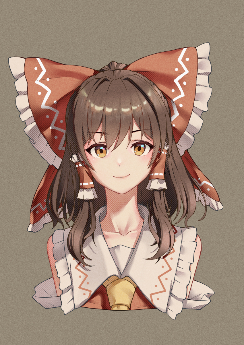 1girl absurdres ascot bow brown_eyes brown_hair chinese_commentary closed_mouth commentary detached_sleeves frilled_bow frilled_hair_tubes frills hair_bow hair_tubes hakurei_reimu highres long_hair looking_at_viewer red_bow smile solo touhou xiaoyu_yao_(htx1993601) yellow_ascot
