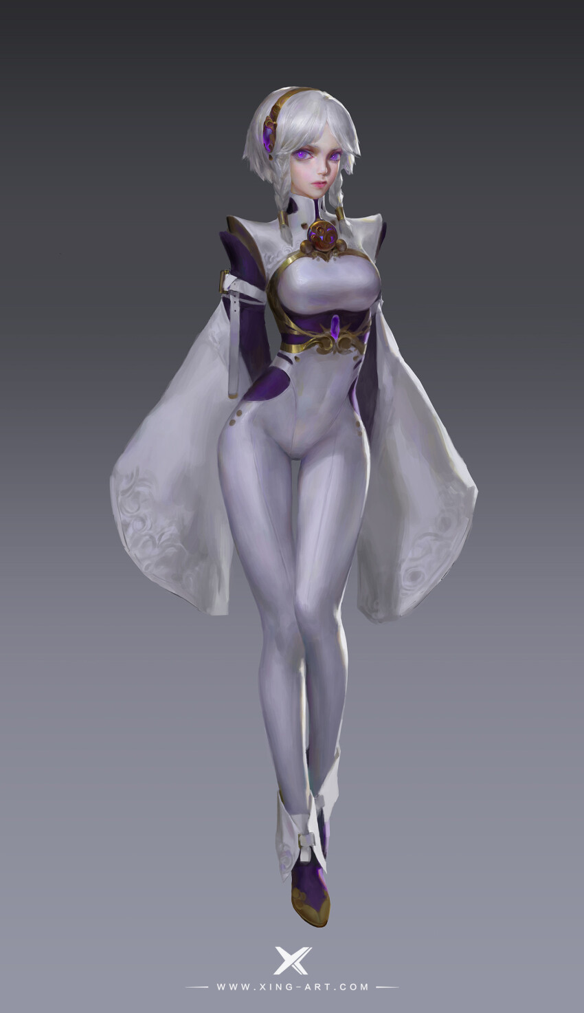 1girl absurdres arm_belt artist_name belt bodysuit braid breasts character_request chest_jewel chinese_commentary cloak collared_socks commentary_request copyright_request covered_navel expressionless full_body gem gem_hair_ornament gradient_background grey_background hair_over_shoulder hairband high_collar highres large_breasts lipstick long_hair long_sleeves looking_at_viewer makeup pink_lips purple_gemstone purple_shoes purple_sleeves realistic shirt shoes skrillex_li solo standing starlab thick_eyebrows twin_braids watermark white_belt white_bodysuit white_cloak white_hair white_shirt yellow_hairband