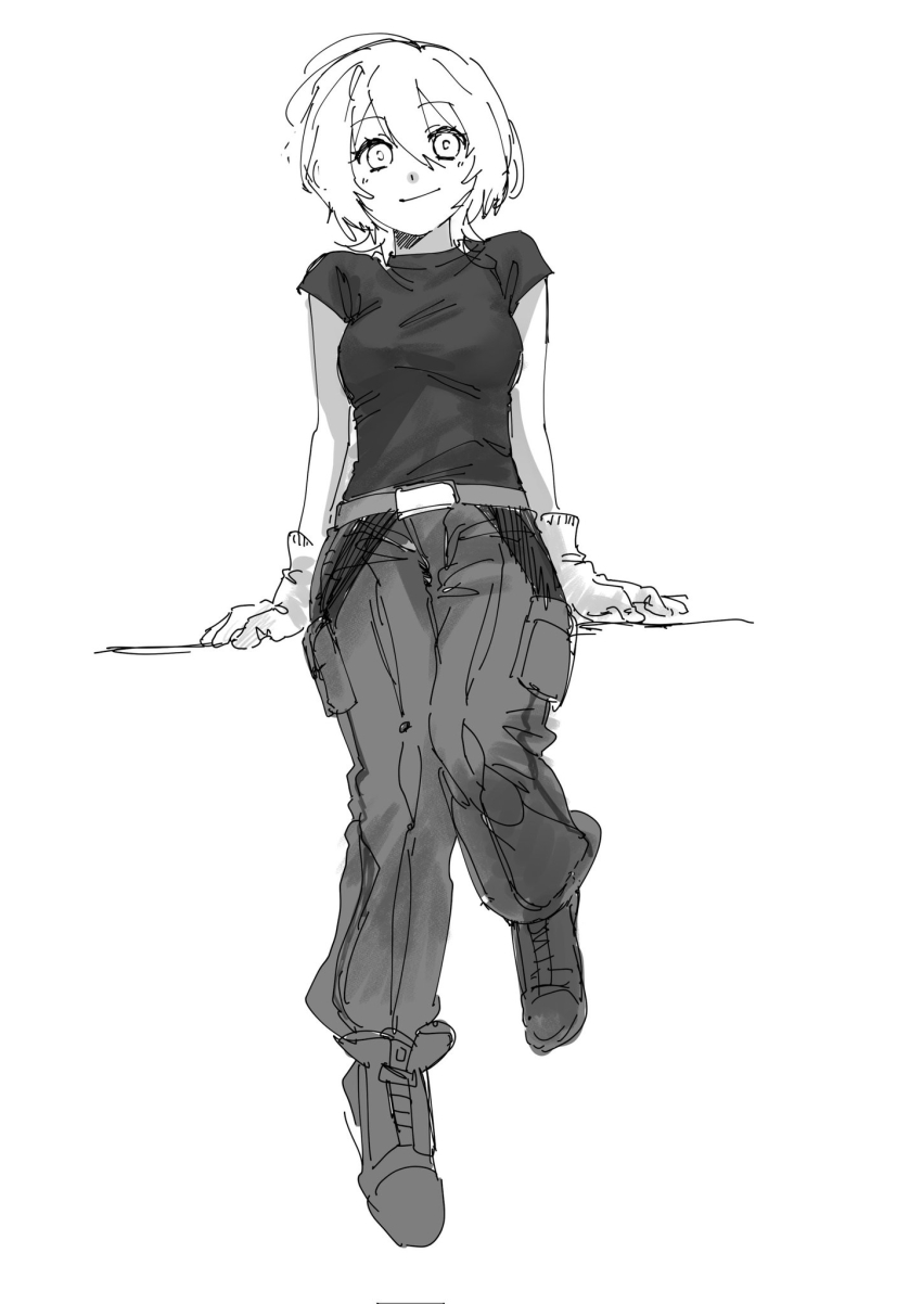 1girl belt boots breasts closed_mouth dobe_(user_hgxt5234) don_quixote_(project_moon) full_body gloves greyscale highres limbus_company looking_at_viewer medium_breasts monochrome pants project_moon shi_association_south_uniform short_hair short_sleeves sitting smile solo